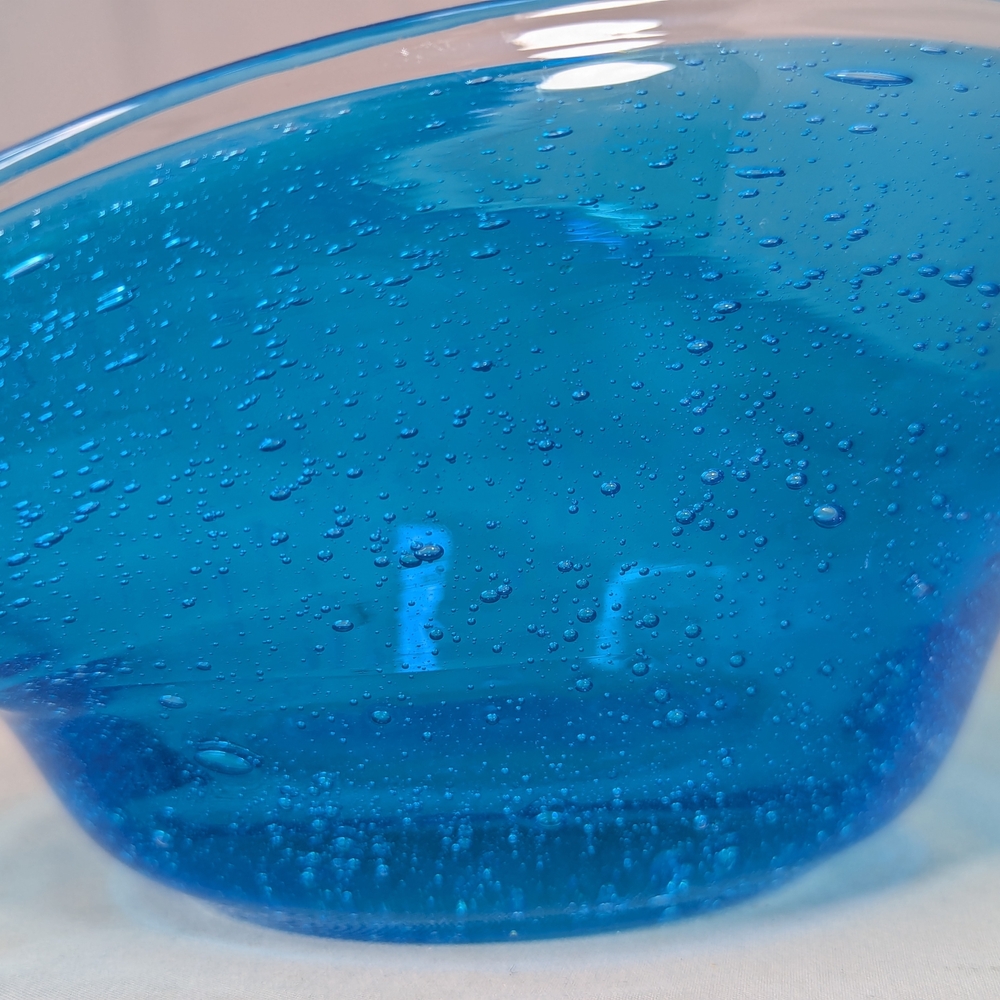 Vtg Blue Bubbled Glass Bowl Art Oblong Candy Dish Flower Vase Fruit Bowl - Picture 4 of 16